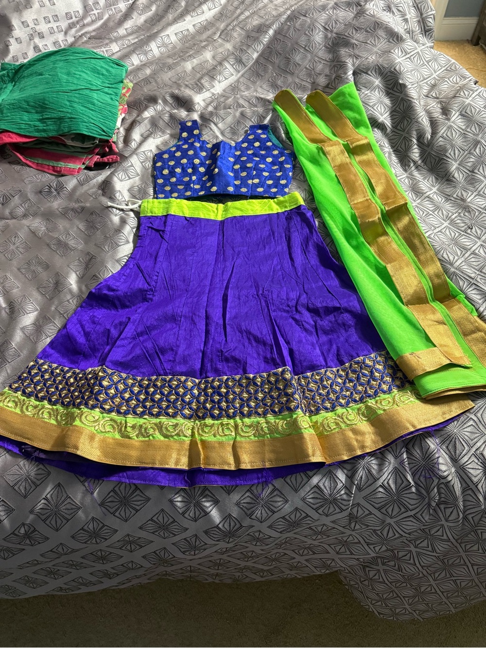 Girls Purple and Green Festive Costume Lehenga Set